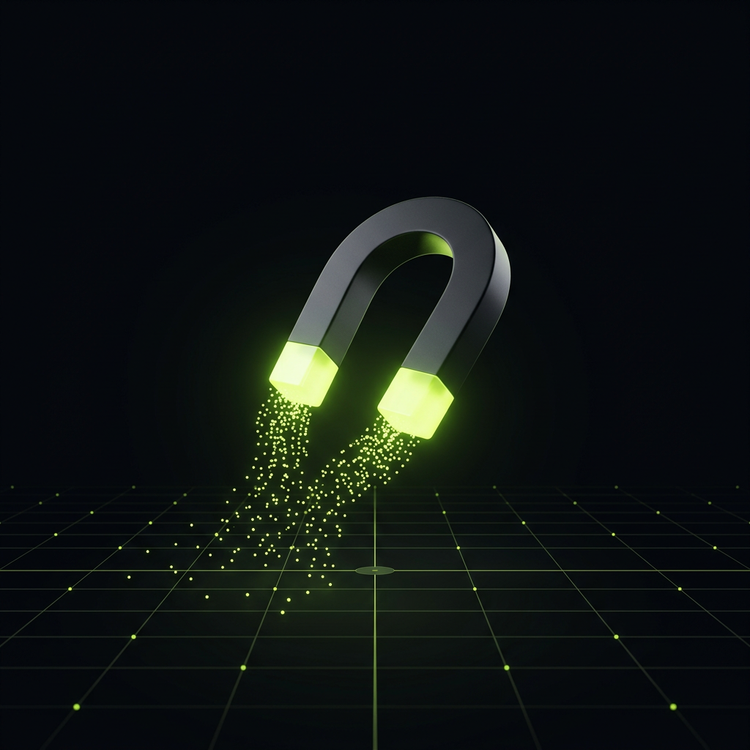 Glowing lime magnet attracting points of light, representing AI lead generation