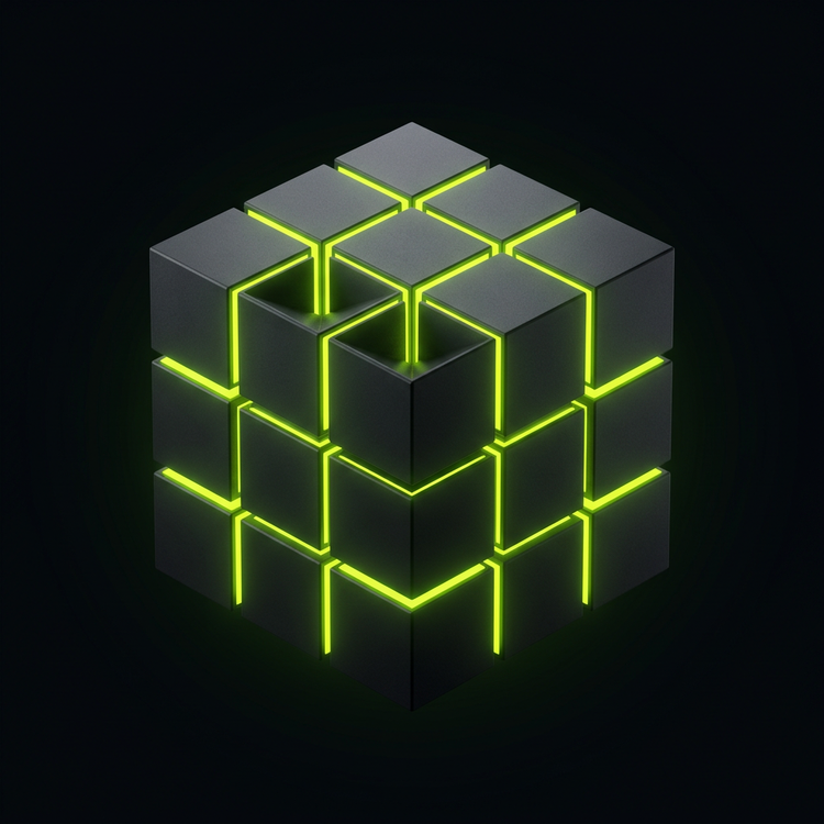 Dark modular cube with glowing lime seams, representing a custom-built AI automation system
