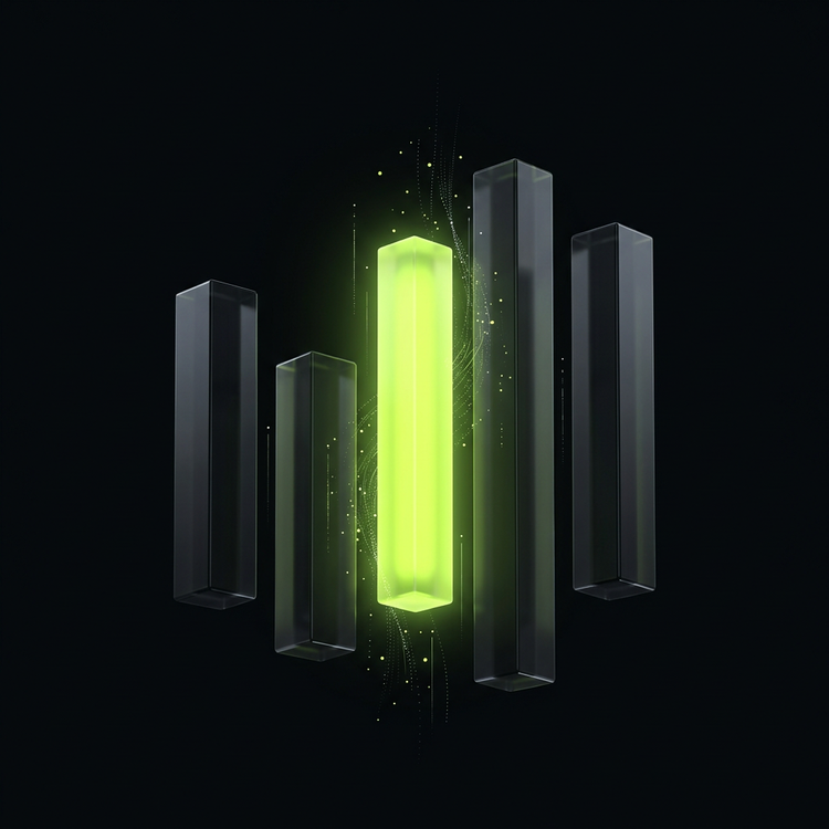 Glowing lime data bars and streams of light in a dark space, representing AI data scraping and reporting automation