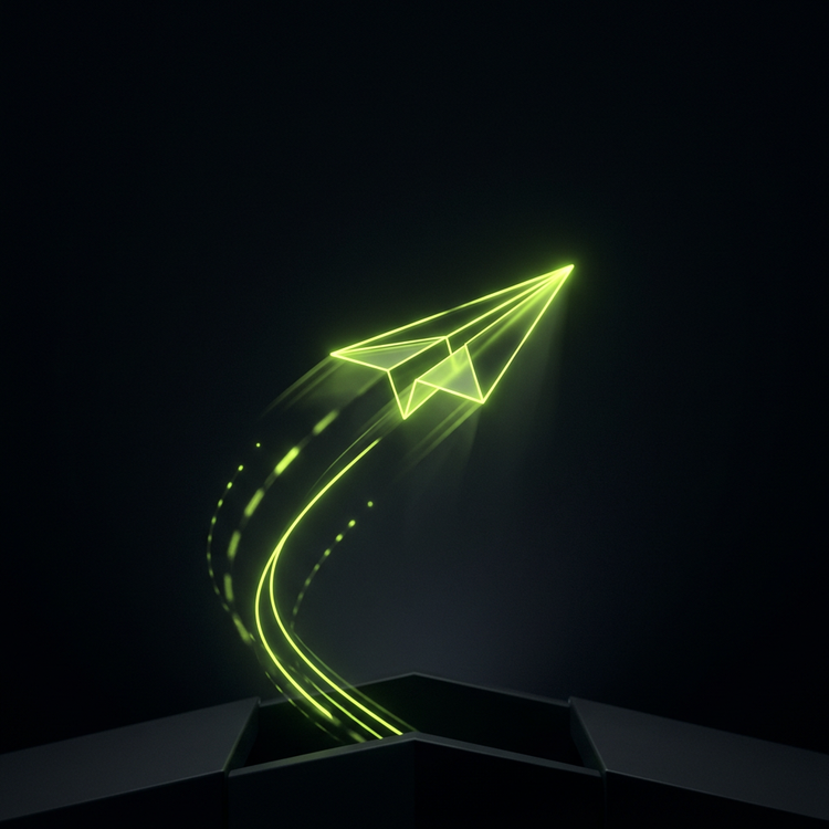 Lime light trails forming a paper plane launching along a curved path, representing AI sales follow-up