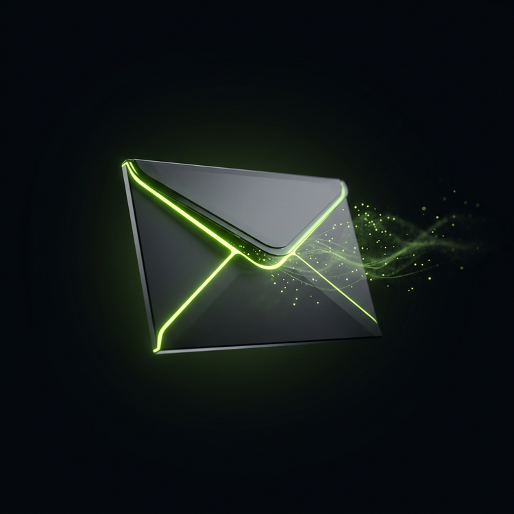 Glowing lime envelope surrounded by orbiting light, representing AI email marketing automation