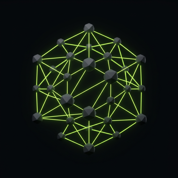 Glowing lime connected nodes forming a network in a dark space, representing AI CRM automation